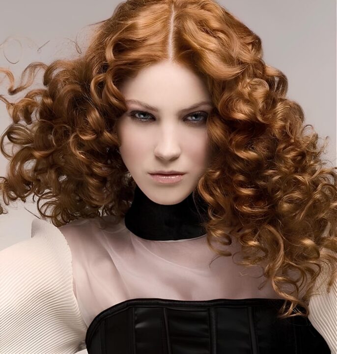 red long curly hairstyle